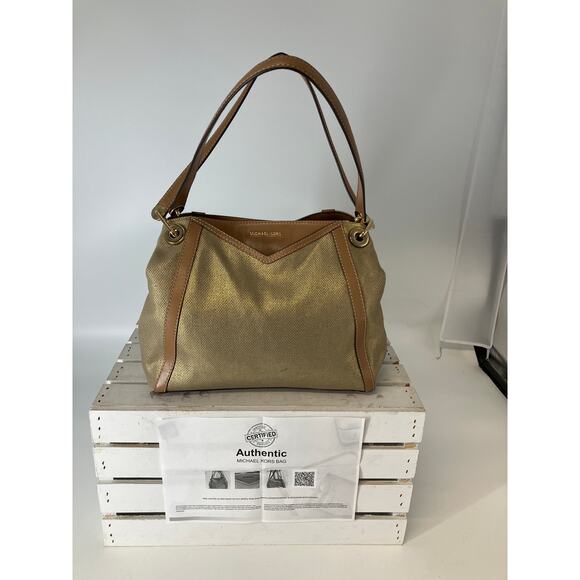 MICHAEL KORS, GOLD CANVAS, BROWN LEATHER TIM SHOULDER BAG - Picture 1 of 16